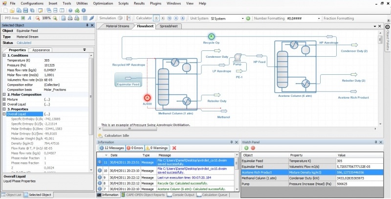 DWSIM flowsheet with connected distillation columns, pumps, condensers, and process streams